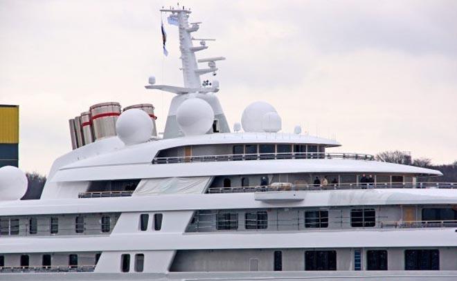 Azzam decks - the size of the people on deck indicates the size of the yacht ©  SW